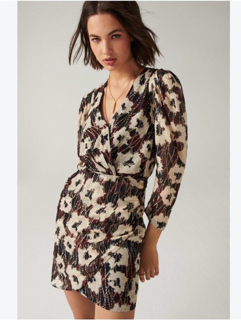 ba&sh Ivory Mini Dress with Black and Burgundy Pattern